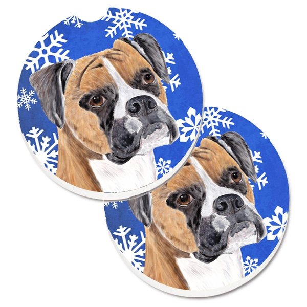 Carolines Treasures Boxer Winter Snowflakes Holiday Set of 2 Cup Holder Car Coaster SC9390CARC